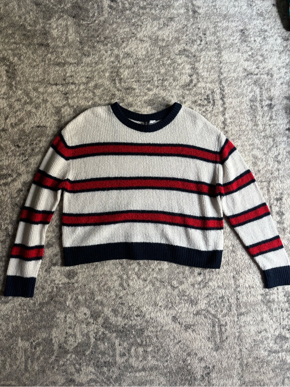 H&M White Crewneck Sweater with Red & Navy Stripes